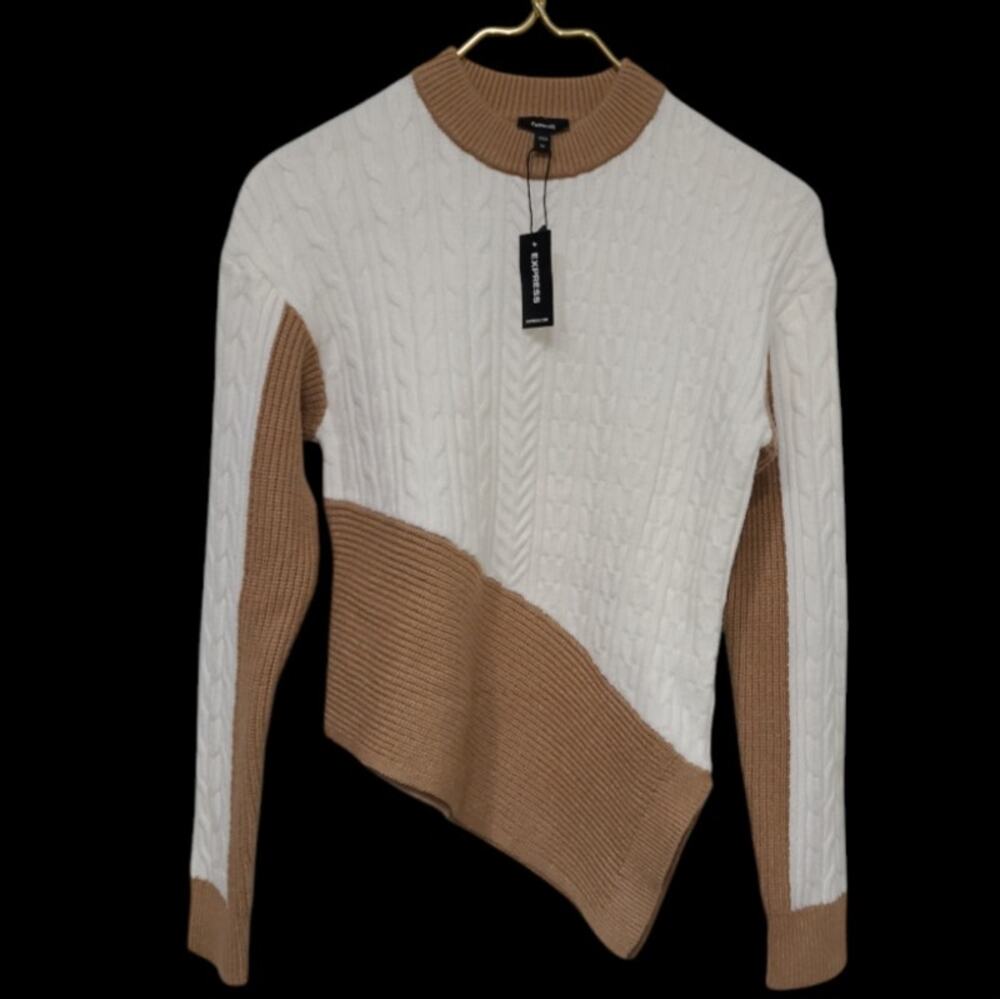 NWT Express Chunky Cable Knit Sweater XS Cream Camel Tan Asymmetrical Colorblock